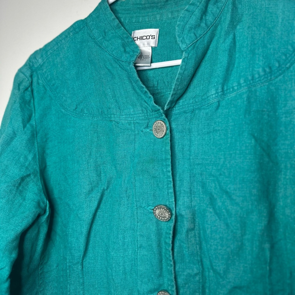 Chicos Women’s 100% Delave Linen Sibley Jade Color Button Down 3/4 Sleeve Jacket - Picture 3 of 6